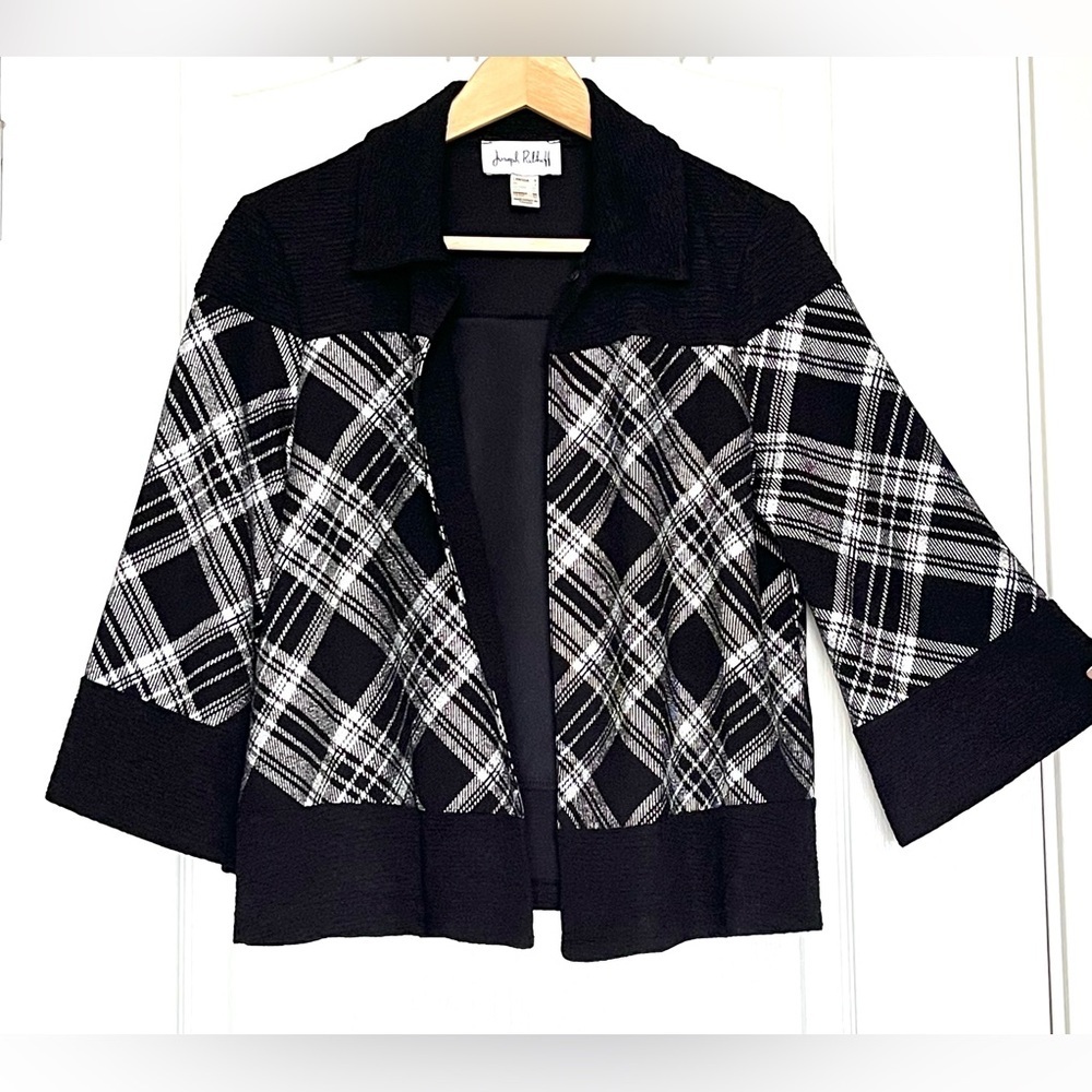 Joseph Ribkoff Plaid Swing Jacket Black Silver Crop Cardigan Sz 6 Made in Canada